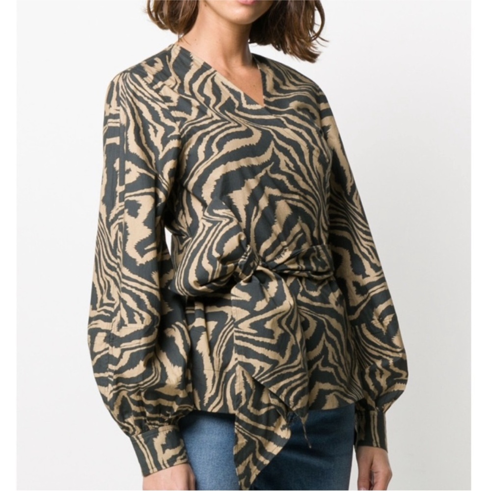 GANNI Tiger Striped Cotton Poplin Wrap Top